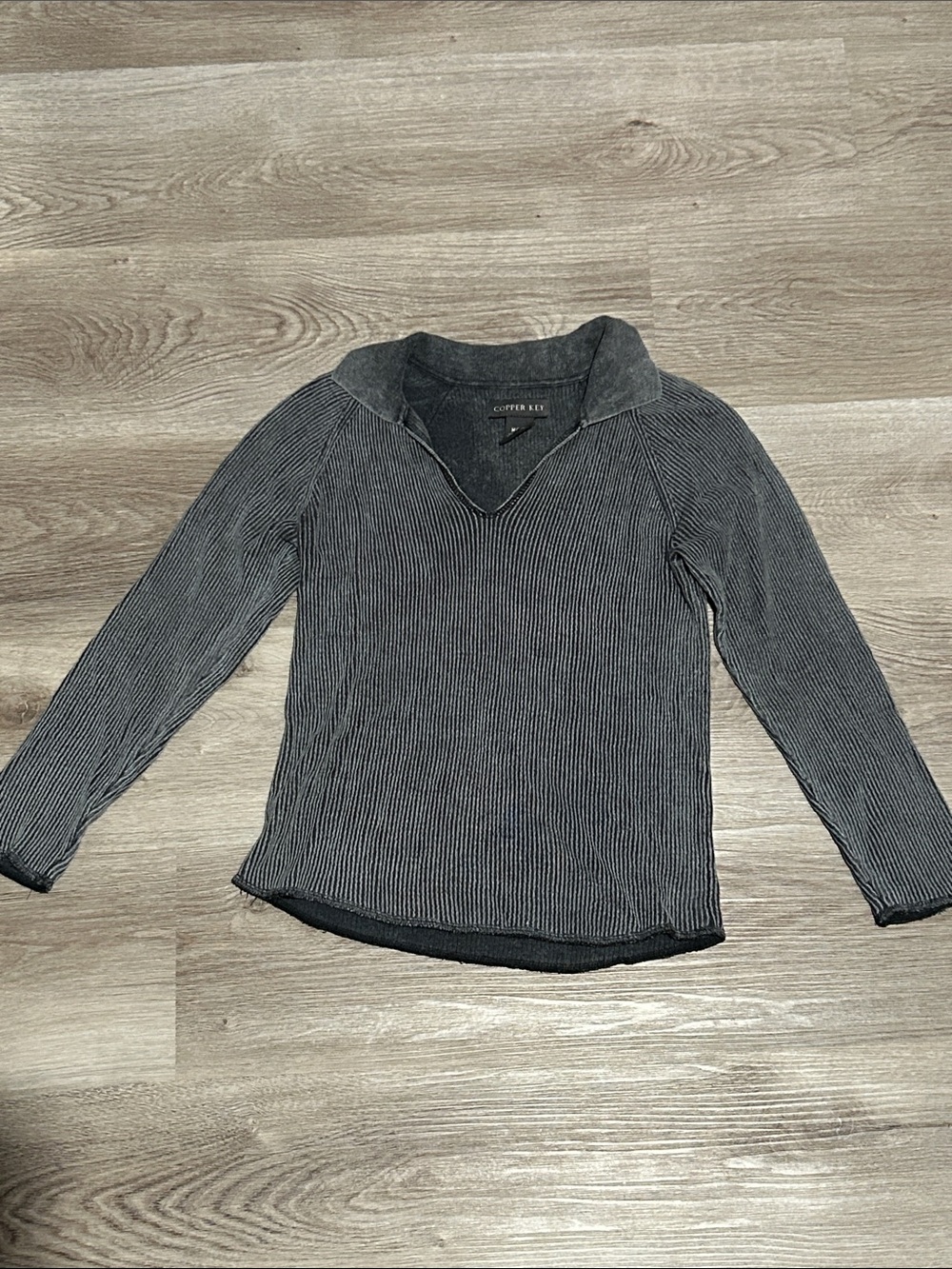Copper Key Women's Charcoal Ribbed V-Neck Collared Sweater